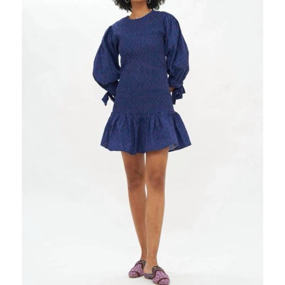 OLIPHANT morocco smocked tie midi dress in navy and pink size small NWT
